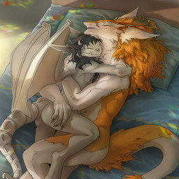 anthro bed biped black_hair blush braided_hair butt claws cuddling duo female finger_claws flat_chested fur furniture hair horn larger_male male male/female membrane_(anatomy) membranous_wings multicolored_body multicolored_fur nude nude_anthro nude_female nude_male on_bed orange_body orange_fur orange_hair pillow size_difference smaller_female smile two_tone_body two_tone_fur white_body white_fur wings kei100 deadlock_(game) valve ivy_(deadlock) gargoyle sergal 1:1 2026 digital_media_(artwork) hi_res
