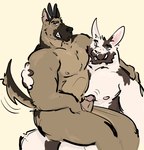 anthro butt duo erection facial_hair fake_ears fake_rabbit_ears fur genitals male male/male muscular nipples nude on_lap pecs penis simple_background sitting_on_another sitting_on_lap tail dickinoatmeal canid canine canis domestic_dog german_shepherd herding_dog lagomorph leporid mammal pastoral_dog rabbit absurd_res hi_res