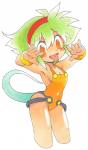 2014 5_fingers accessory blush bracelet breasts cleavage clothed clothing female fingers green_hair green_tail hair headband humanoid humanoid_hands jewelry open_mouth orange_eyes oyatsu simple_background solo tail tongue tongue_out white_background