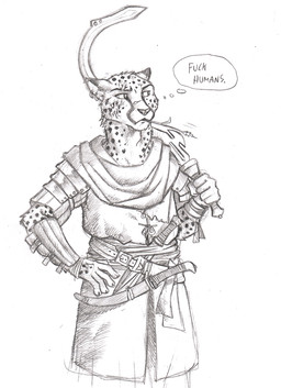 5_fingers anthro armor belt belt_buckle buckle chewing_grass clothed clothing dagger ear_piercing ear_ring fingers fully_clothed fur hand_on_hip holding_melee_weapon holding_object holding_sword holding_weapon khopesh looking_aside male markings melee_weapon motion_lines piercing rerebrace ring_piercing scarf simple_background solo spots spotted_body spotted_fur standing sword text thought_bubble topwear vambrace weapon white_background wraps wrist_wraps 0laffson jaresh_(0laffson) cheetah felid feline mammal 2016 english_text graphite_(artwork) sketch traditional_media_(artwork)