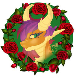2_horns female flower green_eyes hair horn orange_body orange_scales plant purple_hair rose_(flower) scales side_view solo yellow_horn piramite_hearts mythology pawfursuniverse vtuber queensmolder smolder_(pawfurs) dragon mythological_creature mythological_scalie scalie 1:1 headshot_portrait portrait