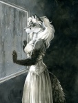 anthro bleak_ambiance clothing depressing dress female inside raining solo tail window heather_bruton canid canine fox mammal red_fox true_fox monochrome traditional_media_(artwork)