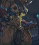 3_fingers abs areola balls barazoku big_pecs darkened_genitalia fingers flaccid genitals horn humanoid_genitalia humanoid_penis male muscular muscular_male musk musk_clouds musky_penis nipples pecs penis solo standing weapon wet eruprior dota valve elder_titan_the_worldsmith digital_drawing_(artwork) digital_media_(artwork) hi_res
