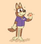 adolescent anthro barefoot black_eyes black_nose blue_clothing blue_shirt blue_topwear blush brown_body brown_ears brown_fur brown_tail clothing feet fur gesture happy male multicolored_body multicolored_fur name_tag orange_background pawpads pink_pawpads shirt simple_background smile solo standing tail tan_body tan_fur topwear two_tone_body two_tone_fur waving waving_hand young young_anthro young_male shaibey bluey_(series) alfie_(bluey) canid canine canis dingo mammal 2024 digital_media_(artwork) hi_res procreate_(artwork)