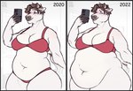 anthro belly big_belly big_breasts black_nails bra breasts cellphone clothing colored_nails electronics female fur grey_body grey_fur grey_hair hair holding_object horn huge_belly looking_aside looking_at_viewer makeup mascara nails navel panties phone red_bra red_clothing red_panties red_underwear selfie short_hair smile solo tail taking_picture underwear weight_gain white_body white_fur wide_hips aucherr bovid bovine cattle mammal 2022