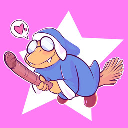 blue_clothing blue_robe broom broom_riding cleaning_tool clothing cute_fangs eyewear fangs glasses hat headgear headwear heart_pair heart_reaction heart_symbol male multi_heart_reaction pattern_background pink_background robe simple_background solo star star-shaped_background star_polygon teeth yellow_body yellow_skin crushpepper mario_bros nintendo kamek koopa magikoopa scalie 1:1 hi_res pictographics
