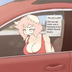 anthro big_breasts bodily_fluids breasts car cleavage clothed clothing female frown fur hair in_vehicle miserable note pink_hair red_clothing red_eyes red_shirt red_tank_top red_topwear shirt solo sweat sweatdrop sweaty_breasts tank_top text topwear vehicle doxxyl capri_(doxxyl) domestic_cat felid feline felis mammal 1:1 digital_media_(artwork) english_text