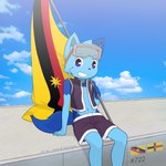 1:1 2020 anthro blue_body blue_eyes blue_fur blue_sky clothed clothing cloud domestic_cat felid feline felis flag fur haziq_(hazumazu) hazumazu hi_res holding_flag holding_object looking_at_viewer malaysian male mammal sitting sky solo young young_anthro young_male