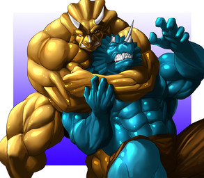abs anthro athletic battle biceps big_muscles blue_body blue_skin bone_frill bottomwear brown_body brown_skin chokehold clenched_teeth clothed clothing duo eyes_closed fangs fight frill_(anatomy) headlock horn lock male muscular muscular_male nude pecs scales shorts simple_background struggling teeth topless vein wrestling echin extreme_dinosaurs teenage_mutant_ninja_turtles spike_(extreme_dinosaurs) traximus ceratopsian ceratopsid chasmosaurine dinosaur marginocephalian ornithischian prehistoric_species reptile scalie triceraton triceratops 2014 crossover