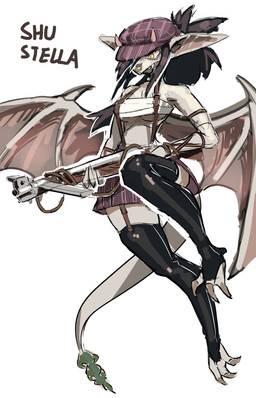 anthro armband bandeau black_hair bottomwear chest_wraps claws clothing facial_piercing fangs female female_anthro flat_cap flying gun hair hat headgear headwear holding_object holding_weapon horn legwear long_hair looking_down machine_gun messy_hair miniskirt nose_piercing nose_ring piercing pointy_ears ranged_weapon ring_piercing septum_piercing septum_ring skirt solo stockings suspender_skirt suspenders teeth thigh_highs toe_claws topwear weapon wings wraps yellow_eyes shu_stella deadlock_(game) valve valve_corporation ivy_(deadlock) gargoyle absurd_res hi_res