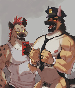 accessory anthro anthro_on_anthro blush bodily_fluids bound chain chained clothed clothing cuff_(restraint) digit_ring dominant dominant_male duo fully_clothed genitals grey_background handcuffed handcuffs jewelry male male/male metal_cuffs muscular muscular_male necktie nipples nude partially_clothed pecs penis penis_base police police_hat pubes restrained restraints ring sharp_teeth shirt simple_background submissive submissive_male sweat tank_top teeth thug topwear tough_guy wedding_ring k0bit0wani canid canine canis domestic_dog german_shepherd herding_dog hyena mammal pastoral_dog spotted_hyena hi_res