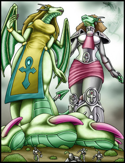 ambiguous_gender ankh anthro armor axe bat_wings battle_axe blonde_hair bottomwear bracers breasts brown_hair claws clothed clothing ear_piercing feet female foot_focus gem greaves green_body green_scales group hair horn jewelry larger_anthro larger_female long_hair macro melee_weapon membrane_(anatomy) membranous_wings open_mouth outside pauldron piercing plant plantigrade plate_mail plume scales shrub size_difference skirt tail teeth toe_claws weapon wings markie mythology nina_(markie) dragon human mammal mythological_creature mythological_scalie scalie 2004