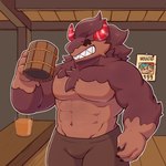 anthro bar beverage bottomwear brown_body brown_fur clothing fur horn inside male muscular muscular_male pants red_horn sharp_teeth solo teeth binca_233 cookie_run cookie_run_kingdom devsisters friday_night_funkin' boyfriend_(fnf) schwarzwalder canid canine canis mammal wolf 1:1 hi_res