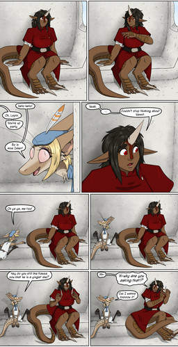 anthro bandage bandaged_arm barefoot black_hair blonde_hair breasts brown_body brown_hair cheek_tuft claws clothed clothed_anthro clothed_female clothed_humanoid clothed_male clothing dialogue duo ellipsis facial_tuft feet female fully_clothed fully_clothed_female fully_clothed_humanoid fur greeting hair horn house_ivenmoth_uniform inside male multicolored_body multicolored_fur navel notched_ear notched_horn pink_sclera pupils red_eyes scales sitting size_difference slit_pupils speech_bubble text toe_claws tuft two_tone_body two_tone_fur uniform wide_eyed koof1313 valsalia out-of-placers isher lopin animal_humanoid humanoid mammal yinglet 2025 comic english_text hi_res letterbox