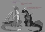 accessory all_fours ambassador clothed clothing dialogue duo feathers female feral flower_on_head horn jewelry log male multi_horn necklace plant shrub tail text wings wood apollyondragon activision european_mythology mythology spyro_the_dragon cynder spyro dragon mythological_creature mythological_scalie scalie western_dragon 2024 digital_drawing_(artwork) digital_media_(artwork) english_text monochrome signature