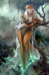 4_toes 5_fingers anthro armor big_breasts black_nose blue_eyes breasts cleavage clothed clothing detailed_background eyelashes fantasy_sword feet female fingers fluffy fluffy_tail forest fur glare hair half-closed_eyes jewelry leaning_on_object leaning_on_tree looking_at_viewer magic melee_weapon narrowed_eyes orange_body orange_fur outside plant skimpy solo sword tail text toes tree weapon white_body white_fur white_hair juliathedragoncat canid canine fox mammal 2021 digital_drawing_(artwork) digital_media_(artwork) english_text hi_res