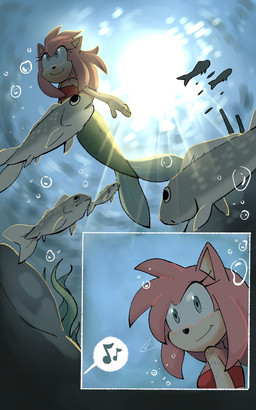 alternate_form alternate_species anthro black_nose bra clothed clothed_female clothing female fin fish_tail fur green_eyes green_tail hair iris legless light light_beam looking_at_another looking_back looking_back_at_another mermaid_tail mermaidification musical_note musical_symbol offscreen_character pink_body pink_fur pink_hair pink_quills pupils quill_hair quills_(anatomy) red_bra red_clothing red_underwear sea solo speech_bubble split_form sunbeam sunlight symbol tail tail_fin underwater underwear water arantarisu_yamu sega sonic_the_hedgehog_(series) amy_rose aquatic eulipotyphlan fish hedgehog mammal merfolk 2026 5:8 comic hi_res