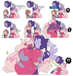 big_breasts body_size_growth breast_expansion breasts brown_hair clothing dialogue duo exclamation_point expansion eyes_closed female gesture hair hammer hand_gesture hat headgear headwear hip_expansion holding_hammer holding_object holding_tool huge_breasts hyper hyper_breasts looking_at_viewer not_furry one_eye_closed open_mouth pasties pink_body question_mark shirt simple_background size_transformation speech_bubble text thick_thighs thigh_expansion tools topwear transformation transformation_sequence v_sign white_background white_body white_skin wide_hips wink casualdemo nintendo pokemon pokemon_pokopia ditto_(pokopia) tinkmaster ditto_(pokemon) generation_1_pokemon generation_9_pokemon human humanoid mammal pokemon_(species) tinkaton 2026 absurd_res digital_media_(artwork) english_text hi_res