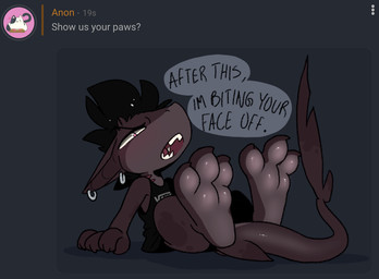3_toes anthro blush clothing dialogue ear_piercing feet foot_focus hair hindpaw male paws piercing simple_background solo teeth text toes tongue topwear backsash discord_(app) sash_(backsash) aquatic fish mammal shark 2020 digital_media_(artwork) english_text