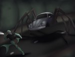 anthro clothed clothing duo looking_back machine male running simple_background vehicle photolol.03 volkswagen_beetle flexet_(photolol.03) arachnid arthropod fish marine shark spider hi_res