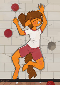 5_fingers adolescent adolescent_anthro against_surface against_wall anthro arms_bent ball barefoot bent_legs biped bottomwear braces brick brick_wall brown_hair brown_tail brown_text clenched_teeth clothed clothed_anthro clothed_female clothing cracked_wall cracks crater dodgeball eyelashes eyes_closed feet female female_adolescent female_anthro fingers flat_chested floor front_view fully_clothed fully_clothed_anthro fully_clothed_female hair hooves humanoid_hands impact_crater orange_body pain ponytail red_bottomwear red_clothing red_shorts school shirt short_snout shorts slim slim_anthro slim_female snout solo t-shirt tail teeth text topwear unguligrade wall_(structure) white_clothing white_shirt white_t-shirt white_topwear wounded young young_anthro young_female marsminer hasbro my_little_pony venus_spring equid equine horse mammal pony 2026 artist_name dated english_description full-length_portrait hi_res portrait