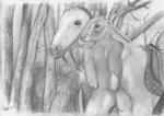 duo female feral male nude foxia equid equine hare horse lagomorph leporid mammal greyscale monochrome