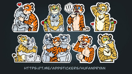 anthro anthro_on_anthro blue_eyes closed_smile duo facial_markings fur green_eyes grey_body grey_fur group head_markings heart_symbol hug kissing male male/male markings mouth_closed narrowed_eyes nude open_mouth open_smile orange_body orange_fur simple_background smile solo sticker_pack striped_arms striped_body striped_face striped_fur striped_markings striped_tail stripes tail tail_markings thinking trio white_body white_fur yellow_body yellow_fur hufnaar hufnaar_(character) ulbrek ych_(character) felid mammal pantherine tiger 16:9 hi_res multiple_images widescreen