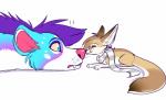 ambiguous_gender blue_body blue_eyes blue_fur boop duo feral fur hair lying on_front paws purple_hair scarf simple_background smile white_background taykoe canid canine fennec_fox fox hyena mammal spotted_hyena true_fox