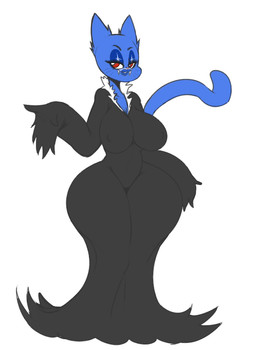 anthro bedroom_eyes big_breasts breasts clothed clothing dress fangs female huge_hips huge_thighs narrowed_eyes nipple_outline pupils red_eyes seductive smile solo teeth thick_thighs whiskers white_pupils wide_hips neom-daddy cartoon_network the_amazing_world_of_gumball nicole_watterson domestic_cat felid feline felis mammal vampire