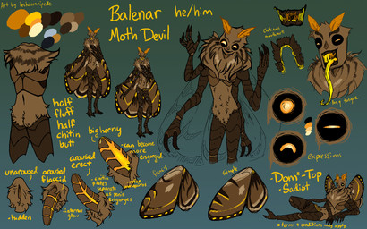 4_arms antennae_(anatomy) anthro black_sclera bodily_fluids brown_body brown_fur butt claws cum erection exoskeleton flaccid fluffy fur genital_fluids genitals glowing glowing_cum glowing_eyes glowing_genitalia insect_wings lepidopteran_wings long_tongue male multi_arm multi_limb nude orange_eyes penis pronouns solo text toe_claws tongue unusual_bodily_fluids unusual_cum unusual_genital_fluids wings heckacentipede balenar arthropod insect lepidopteran moth english_text hi_res