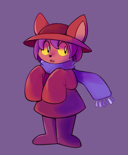 ambiguous_gender anthro black_eyes clothing hair hat headgear headwear looking_aside open_mouth purple_hair scarf simple_background solo standing surprised teeth yellow_sclera happycrumble oneshot niko_(oneshot) domestic_cat felid feline felis mammal 2018 digital_media_(artwork)