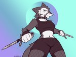 anthro bottomwear clothing collar dagger female fishnet_clothing melee_weapon navel shorts simple_background solo weapon ailensolid sergal absurd_res hi_res