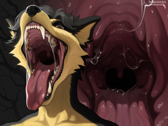 anthro black_body black_fur black_hair black_nose bodily_fluids brown_eyes drooling facial_hair fangs fur hair male mouth_shot mustache open_mouth pink_mouth saliva saliva_on_tongue snout solo teeth throat tongue tongue_out uvula vore yellow_body yellow_fangs yellow_fur hoffersanchez canid canine canis mammal wolf digital_drawing_(artwork) digital_media_(artwork) digital_painting_(artwork) hi_res painting_(artwork)