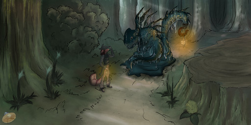 ambiguous_gender anthro brush detailed_background duo feral fluffy fluffy_tail forest lamp landscape lantern male nature outside plant slime tail tentacles tree menebunny mythology canid canine dragon eldritch_abomination hybrid mammal monster mythological_creature mythological_scalie scalie 2:1 hi_res