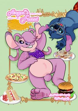 4_fingers 4_toes antennae_(anatomy) antennae_markings anthro belly_tuft biped black_lips blue_body blue_claws blue_fur blue_nose blue_pawpads bottomless bottomless_anthro bottomless_female burger cake canon_couple chest_markings chest_tuft claws clothed clothing cutlery dessert detailed_food doughnut duo ear_markings eyelashes eyewear featureless_crotch feet female finger_claws fingers food fork fries fur glasses green_background grin hair hair_over_eye hand_behind_head hand_on_belly hand_on_own_belly head_tuft kitchen_utensils knife lips lying male markings notched_ear on_back one_eye_obstructed open_mouth open_smile pastry pawpads pink_body pink_fur pizza purple_claws purple_eyes purple_markings purple_nose purple_pawpads simple_background slightly_chubby slightly_chubby_anthro slightly_chubby_female slightly_chubby_male small_tail smile tail tattoo text toe_claws toes tools topless topless_anthro topless_male tuft white_markings monkeyjelly disney lilo_and_stitch angel_(lilo_and_stitch) stitch_(lilo_and_stitch) alien experiment_(lilo_and_stitch) 2023 artist_name cover cover_art cover_page detailed digital_drawing_(artwork) digital_media_(artwork) english_text hi_res