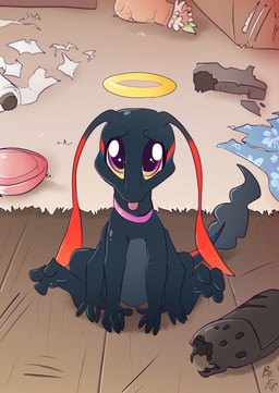 6_legs ambiguous_gender antennae_(anatomy) bite_mark black_body claw_marks collar countershade_torso countershading eye_markings female feral front_view grey_body grey_countershading halo hexaped inside markings pleading_eyes red_markings sitting sitting_on_ground solo tongue tongue_out vase viperwolf young young_female young_feral fuf james_cameron's_avatar nantang alien monster 2019 hi_res