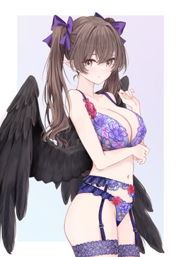 accessory arm_under_breasts black_wings bow_ribbon bra breasts brown_eyes brown_hair cleavage clothed clothing feathered_wings feathers female garter_belt garter_straps hair hair_accessory hair_bow hair_ribbon humanoid_pointy_ears lingerie looking_at_viewer navel panties pointy_ears purple_bra purple_clothing purple_panties purple_underwear ribbons simple_background solo thigh_strap twintails_(hairstyle) underwear underwear_only wings sarasadou_dan touhou hatate_himekaidou animal_humanoid avian avian_humanoid humanoid winged_humanoid hi_res