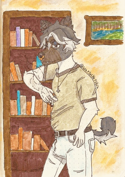 anthro belt book bookshelf bottomwear brown_body brown_fur cigarette clothed clothing cross detailed_background ear_piercing facial_piercing fully_clothed fur furniture grey_body grey_fur grey_hair hair holding_cigarette holding_object industrial_piercing inside inverted_cross inverted_cross_necklace jewelry male multicolored_hair necklace nose_piercing nose_ring pants picture_frame piercing ring_piercing septum_piercing septum_ring shirt short_hair smoke snout solo standing tail topwear two_tone_hair white_body white_fur white_hair capegloam 2020 hi_res painting_(artwork) pen_(artwork) traditional_media_(artwork) watercolor_(artwork)