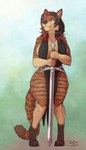 anthro big_breasts black_hair blue_eyes breasts clothed clothing female hair highlights_(coloring) longsword melee_weapon simple_background skimpy solo standing stripes sword weapon blokfort sienna_(vulpinehero) canid canine canis coyote felid hybrid mammal pantherine tiger 2023 hi_res