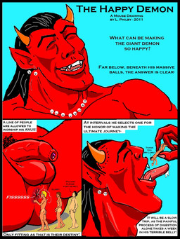adam's_apple anthro anus balls black_hair blue_sky bone butt claws dialogue duo erection extreme_size_difference eyes_closed fart flaccid foreskin genitals group hair horn human_skull macro male male/male nude oral_vore pale_skin penis perineum pubes red_body red_skin sitting size_difference skull skull_jewelry sky smile standing text tongue tongue_out vore worship gianttoby demon human mammal 2011 3:4 artist_name colored comic dated english_text