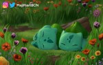 ambiguous_gender bud_(anatomy) bud_(flower) bulb cat_eared_creature detailed_background duo eyes_closed facial_markings feral flower flower_field garden grass green_markings head_markings light lying markings on_front on_side plant quadruped rock sleeping sleeping_together smile sunlight teal_body majimartbcn nintendo pokemon bulbasaur generation_1_pokemon pokemon_(species) 16:10 artist_name colored detailed digital_media_(artwork) digital_painting_(artwork) hi_res shaded translated_description watermark widescreen