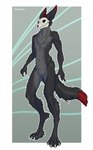 andromorph anthro black_body black_fur bone claws dipstick_tail fur genitals grey_body grey_fur intersex long_ears markings nude pussy red_body red_fur red_tail_tip skull skull_head solo standing tail tail_markings white_claws deodrac canid canine canis mammal wolf hi_res