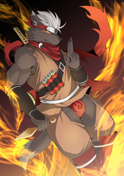 anthro asian_clothing black_body black_fur bottomwear bulge clothing crotch_window crotchless_bottomwear crotchless_clothing crotchless_pants east_asian_clothing elemental_manipulation fire fire_manipulation fundoshi fur hair japanese_clothing katana kunai male melee_weapon muscular muscular_anthro muscular_male ninja pants pawpads red_clothing red_underwear scar scarf scroll solo sword underwear warrior weapon white_hair ioenami88 lifewonders tokyo_afterschool_summoners tadatomo_(tas) canid canine canis domestic_dog mammal absurd_res hi_res