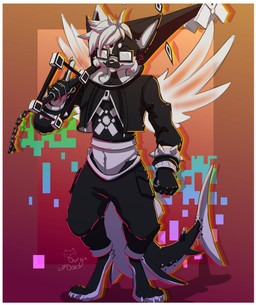 anthro black_body black_clothing black_fur black_inner_ear black_jacket black_topwear border bracelet clothing cropped_jacket digitigrade eyewear fur glasses grey_body grey_fur hair humanoid_hands jacket jewelry keyblade male melee_weapon multicolored_body multicolored_fur navel rectangular_glasses shark_tail solo spiked_bracelet spikes standing topwear two_tone_body two_tone_fur weapon wearing_glasses white_border white_hair white_inner_ear wings durgindoes kingdom_hearts square_enix 2026 absurd_res digital_drawing_(artwork) digital_media_(artwork) english_description hi_res
