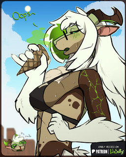 anthro biped blush bodily_fluids bra breasts claws clothed clothed_anthro clothed_female clothing cloud day female fingers fur hair horn looking_at_viewer outside side_view sky solo standing sun sweat teeth text underwear spiritelin elena_(psychorodent) snatyr 2026 digital_drawing_(artwork) digital_media_(artwork) english_text hi_res