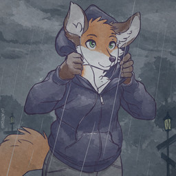 5_fingers anthro clothed clothing day detailed_background fingers fur green_eyes hoodie male orange_body orange_fur outside raining solo topwear white_body white_fur gavbat canid canine fox mammal 1:1 2021 digital_media_(artwork)