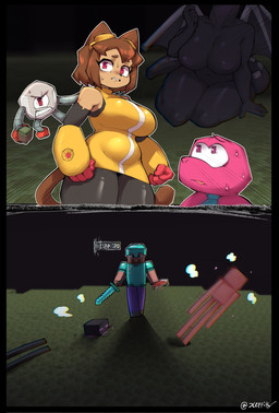 anthro anthrofied armor big_breasts biped black_body breasts brown_hair clothed clothing curvy_figure eyewear featureless_breasts female fur goggles group hair headgear helmet holding_melee_weapon holding_object holding_sword holding_weapon melee_weapon membrane_(anatomy) membranous_wings nude nude_anthro speedrun standing sword thick_thighs weapon wings yellow_clothing xeppir gameoverse glitch_productions microsoft minecraft mojang mythology xbox_game_studios gobbles_(gameoverse) kaboodle_(gameoverse) kit_bodega domestic_cat dragon ender_dragon felid feline felis human mammal mythological_creature mythological_scalie scalie 2026 hi_res signature