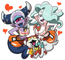 1_eye 2_tails anthro big_breasts blue_hair blue_tongue blush bodily_fluids breasts cleavage clothed clothing drooling duo female fur gloves_(marking) hair heart_symbol humanoid_pointy_ears leg_markings looking_at_viewer male markings multi_tail navel not_furry_focus notched_ear open_mouth pale_skin pink_inner_ear pointy_ears purple_body purple_eyes purple_skin red_body red_eyes red_fur saliva sharp_teeth shirt socks_(marking) suggestive tail tank_top teeth text text_on_clothing text_on_shirt text_on_tank_top text_on_topwear tongue tongue_out topwear white_hair wide_hips yellow_eyes gashi-gashi asian_mythology east_asian_mythology hooters japanese_mythology level-5 mythology yo-kai_watch insomni jibanyan smogmella cyclops domestic_cat felid feline felis humanoid mammal monster yokai yuki-onna english_text