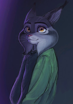 anthro clothed clothing fur grey_body grey_fur looking_at_viewer male simple_background smile solo sweater topwear whiskers nyeong disney zootopia pawbert_lynxley canada_lynx felid feline lynx mammal digital_media_(artwork) hi_res