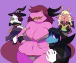 ambiguous_gender anthro armlet big_breasts biped black_clothing black_hair black_topwear blue_body blue_skin breasts cleavage clothed clothing cosplay crossover_cosplay dress female group hair hat headgear headwear horn lace laugh long_hair male orange_eyes outline overweight overweight_anthro overweight_female pink_body purple_background red_eyes shirt simple_background slightly_chubby slightly_chubby_anthro slightly_chubby_female smile tan_body teeth topwear tunic white_body wide_hips witch_costume witch_hat yellow_teeth toonarscontent deltarune dragon's_crown undertale_(series) vanillaware amazon_(dragon's_crown) catti_(deltarune) kris_(deltarune) noelle_holiday susie_(deltarune) deer domestic_cat felid feline felis human mammal reptile scalie snake absurd_res crossover digital_media_(artwork) hi_res signature